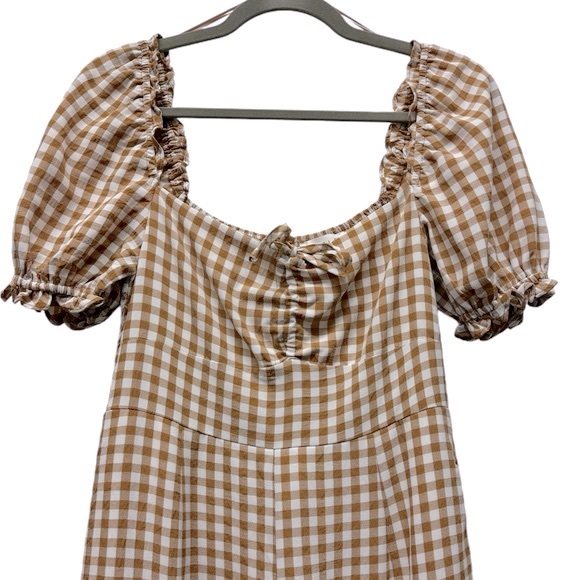 Mable Amaya gingham plaid puff short sleeve jumpsuit, cognac, small - Picture 5 of 11